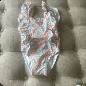 Janie and Jack Peach and Light Blue Floral Ruffle One-Piece Swimsuit